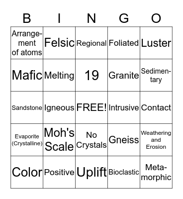 Rocks and Minerals Bingo Card