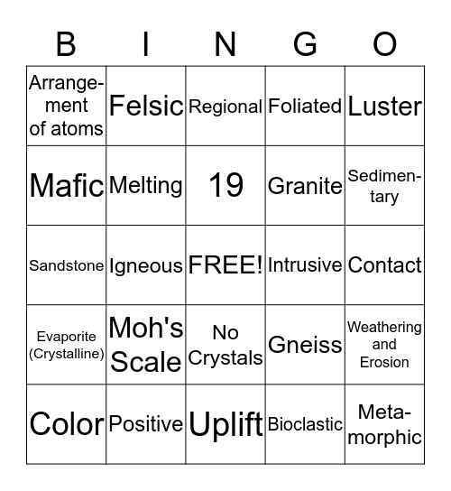 Rocks and Minerals Bingo Card