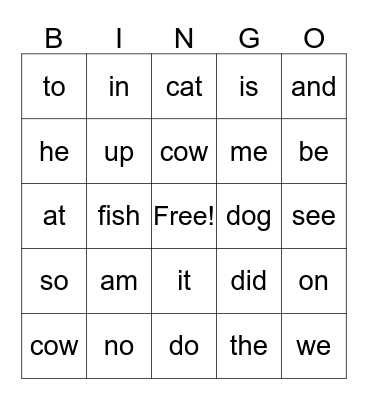 Sight Word Bingo 1-10 weeks Bingo Card