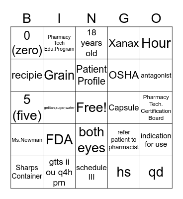 PTCB Bingo Card