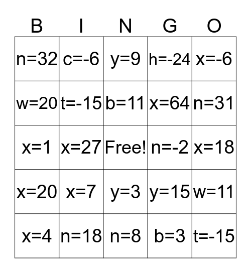 Solving linear equations Bingo Card
