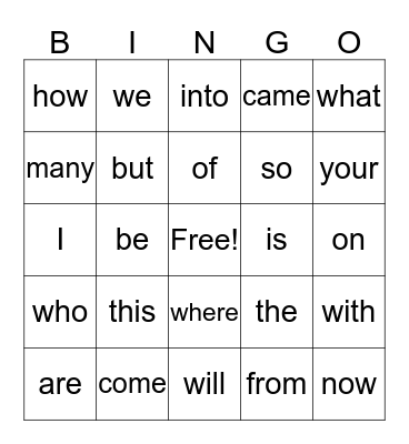 Sight Words Bingo Card
