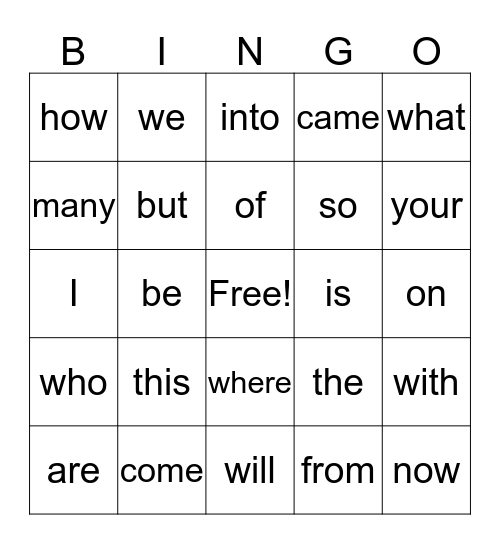 Sight Words Bingo Card