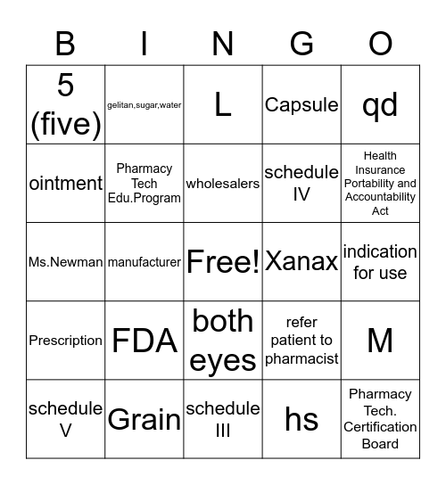 PTCB Bingo Card