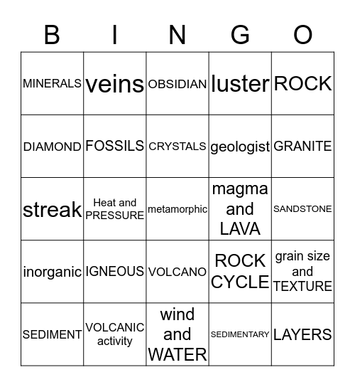 ROCKS and minerals Bingo Card