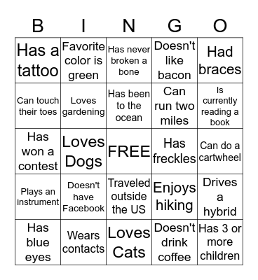 Orientation Bingo Card