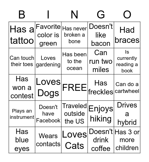 Orientation Bingo Card