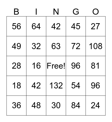 BEN'S Multiplication Bingo Card
