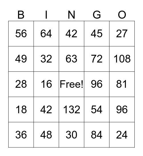 BEN'S Multiplication Bingo Card