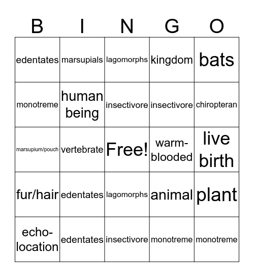 Mammals Bingo Card