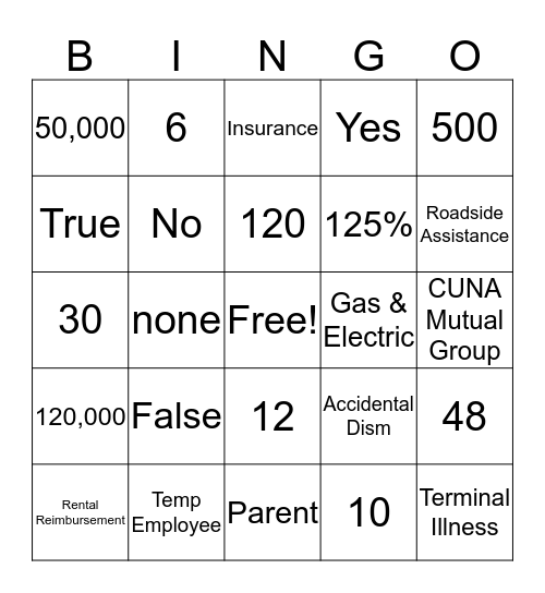 G & E Product Knowlege Bingo Card