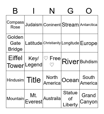 ♡Geo Bingo♡	 Bingo Card