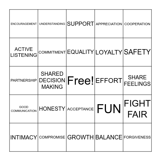 HEALTHY RELATIONSHIPS Bingo Card