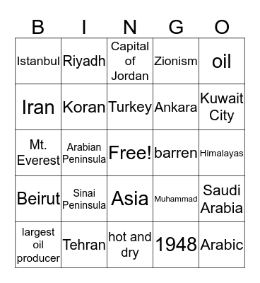 Middle East Bingo Card