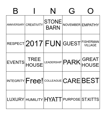 PARK HYATT ST.KITTS Bingo Card