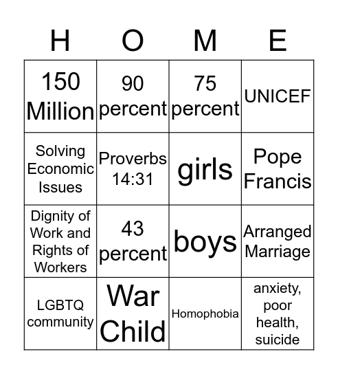 Homlessness Bingo Card