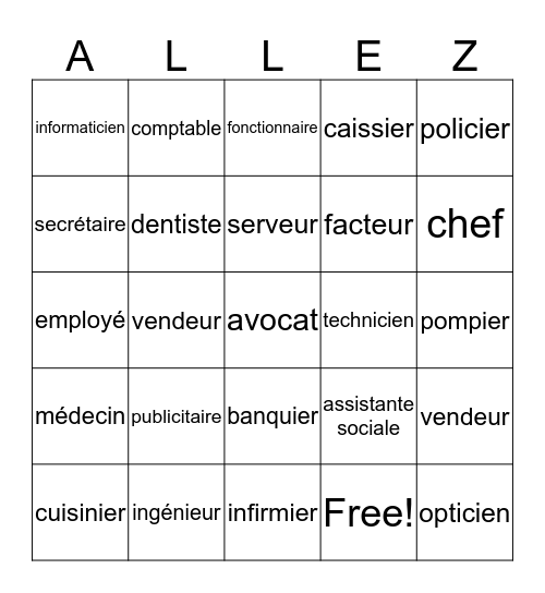 French III Vocab. Semaine 11/Professions Bingo Card