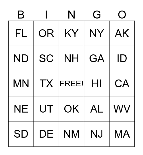 State Bingo Card