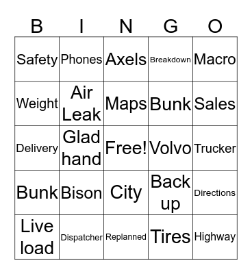 Trucker Bingo Card