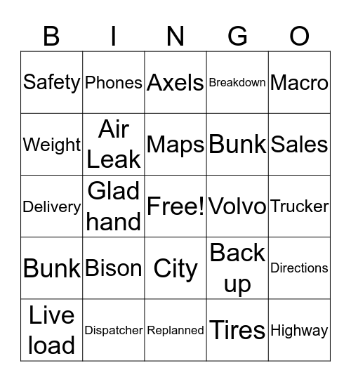 Trucker Bingo Card