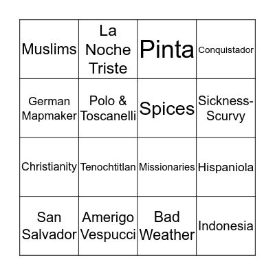 Age of Exploration Bingo Game Bingo Card