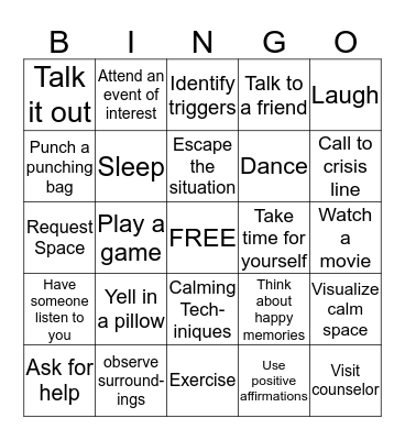 Coping Skills Bingo Card