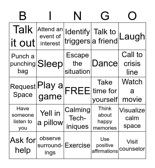 Coping Skills Bingo Card