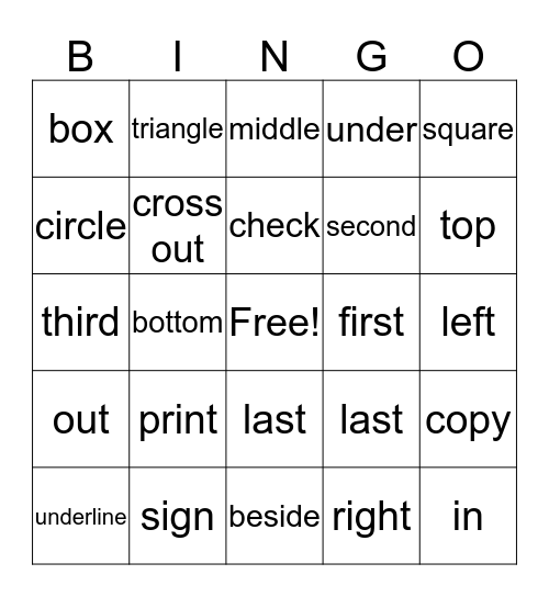 Test Instructions Bingo Card