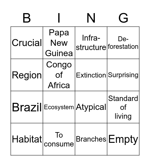 Unit Two Vocabulary  Bingo Card