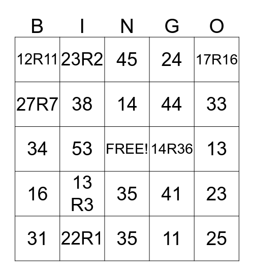 Long Division Bingo Card