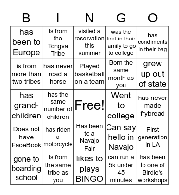 Navajo Tea Time Social  Bingo Card