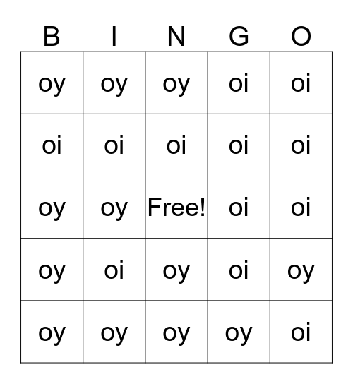 Vowel Teams -oi- and -oy Bingo Card
