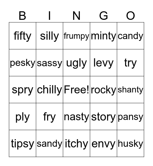 vowel y Bingo Card