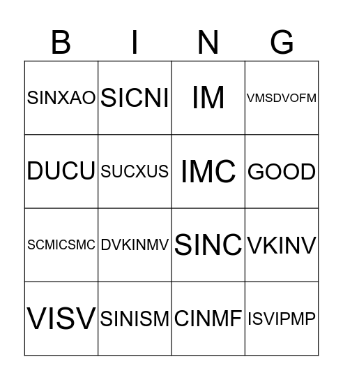 English vocabulary Bingo Card