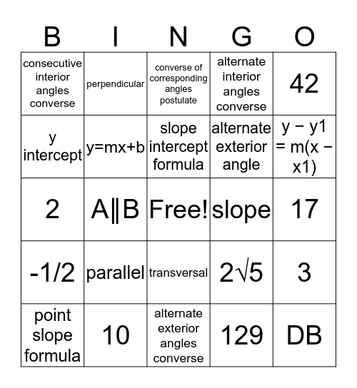 Geometry Chapter 3 Bingo Card