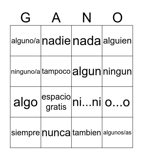 Negativos y Afirmativos  Bingo Card