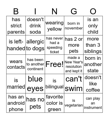 Getting to KNow YOU Bingo Card