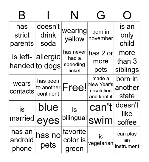 Getting to KNow YOU Bingo Card