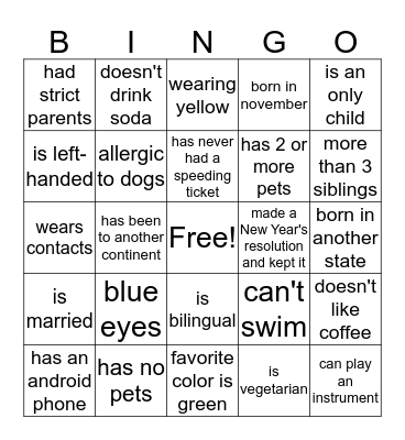 Getting to KNow YOU Bingo Card