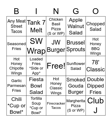 New Menu Bingo Card