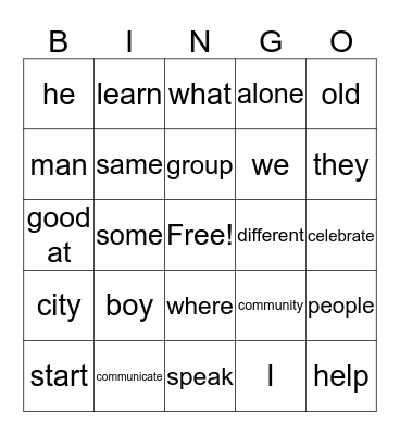 Massa Vocabulary Bingo Card