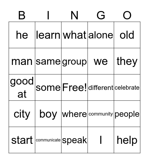 Massa Vocabulary Bingo Card