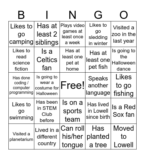 STEM Club BINGO! Bingo Card