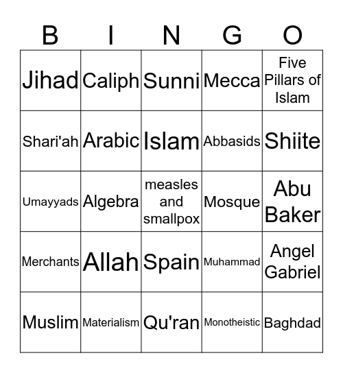 Islam Bingo Card