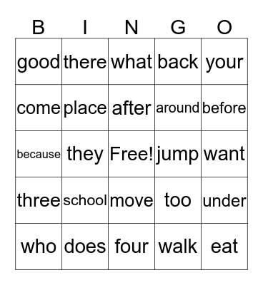 Sight Word Bingo Card