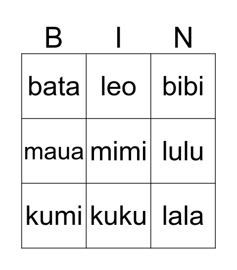 Baba, Bibi, Babu Bingo Card