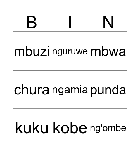 Wanyama wa Nyumbani Bingo Card