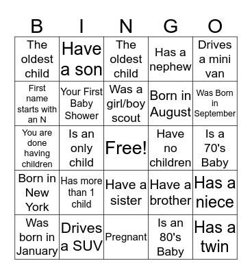 Baby Shower Bingo Card