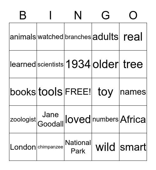 Jane Goodall Bingo Card