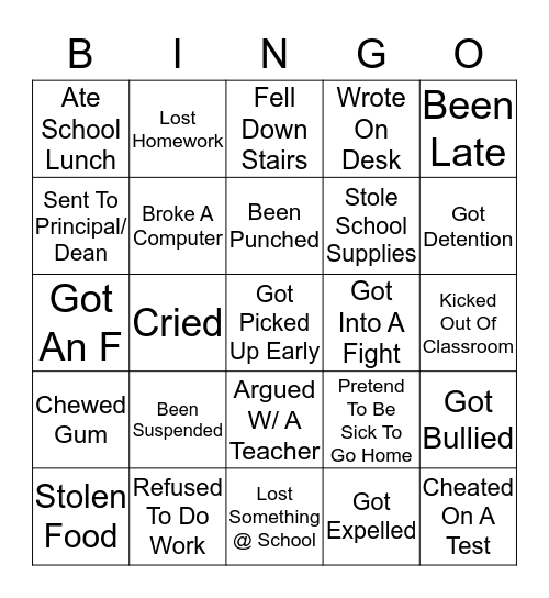 Have You Ever School Edition Bingo Card